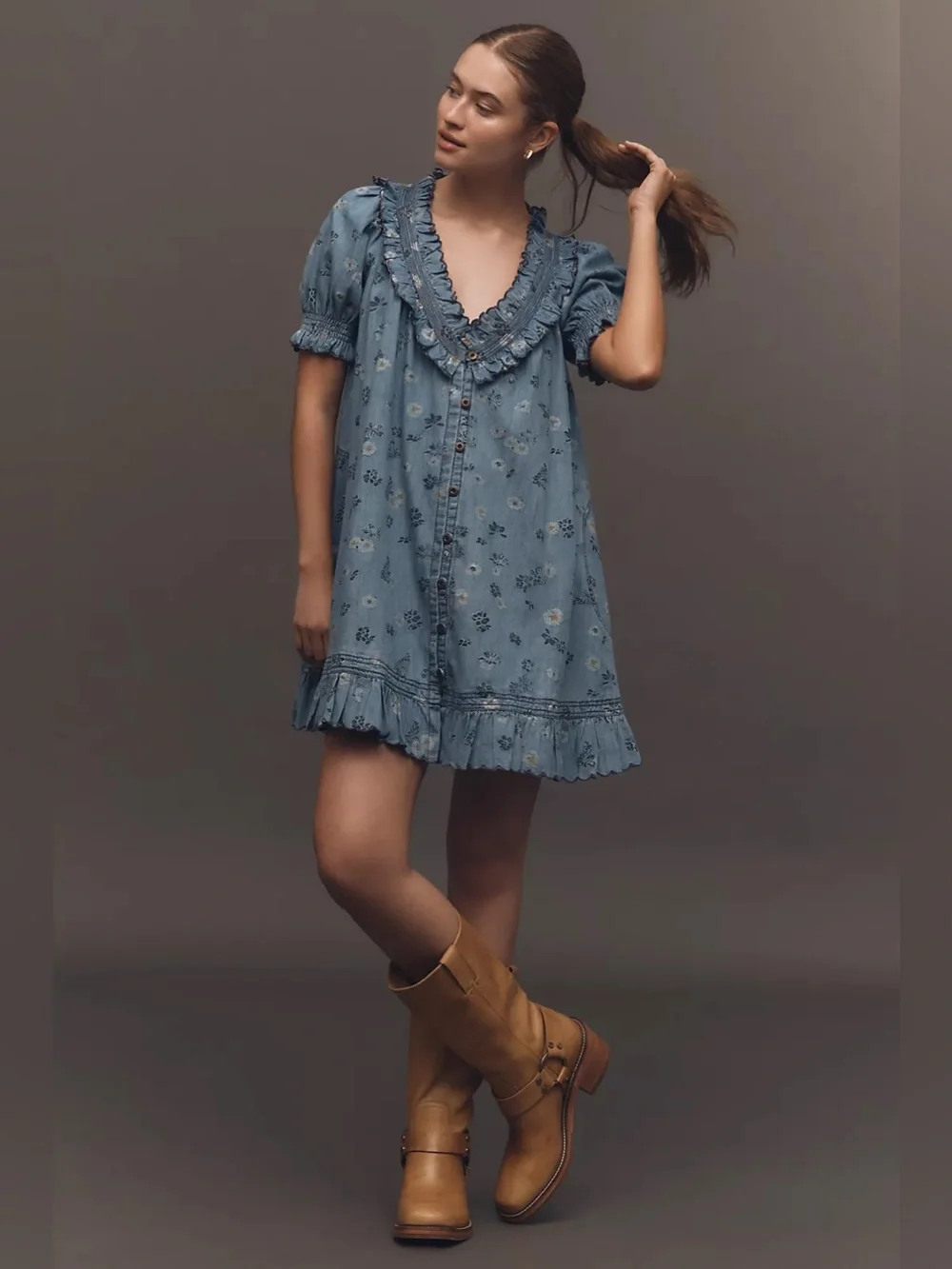 ANTHROPOLOGIE | PILCRO FLORAL PUFF SLEEVE RUFFLED V-NECK SWING MINI DRESS LARGE - Picture 2 of 8